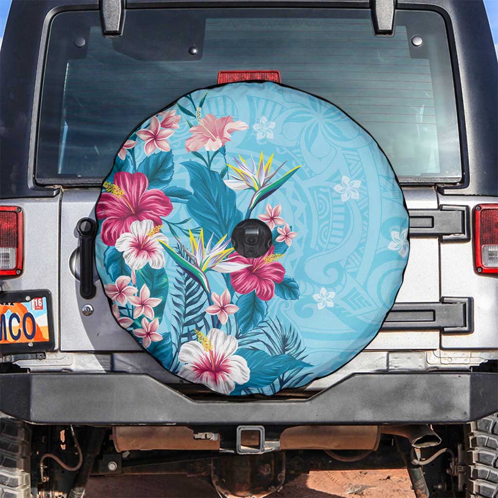 Hawaii Tropical Flowers Spare Tire Cover Polynesian Tattoo Sky Blue LT05 Blue - Polynesian Pride