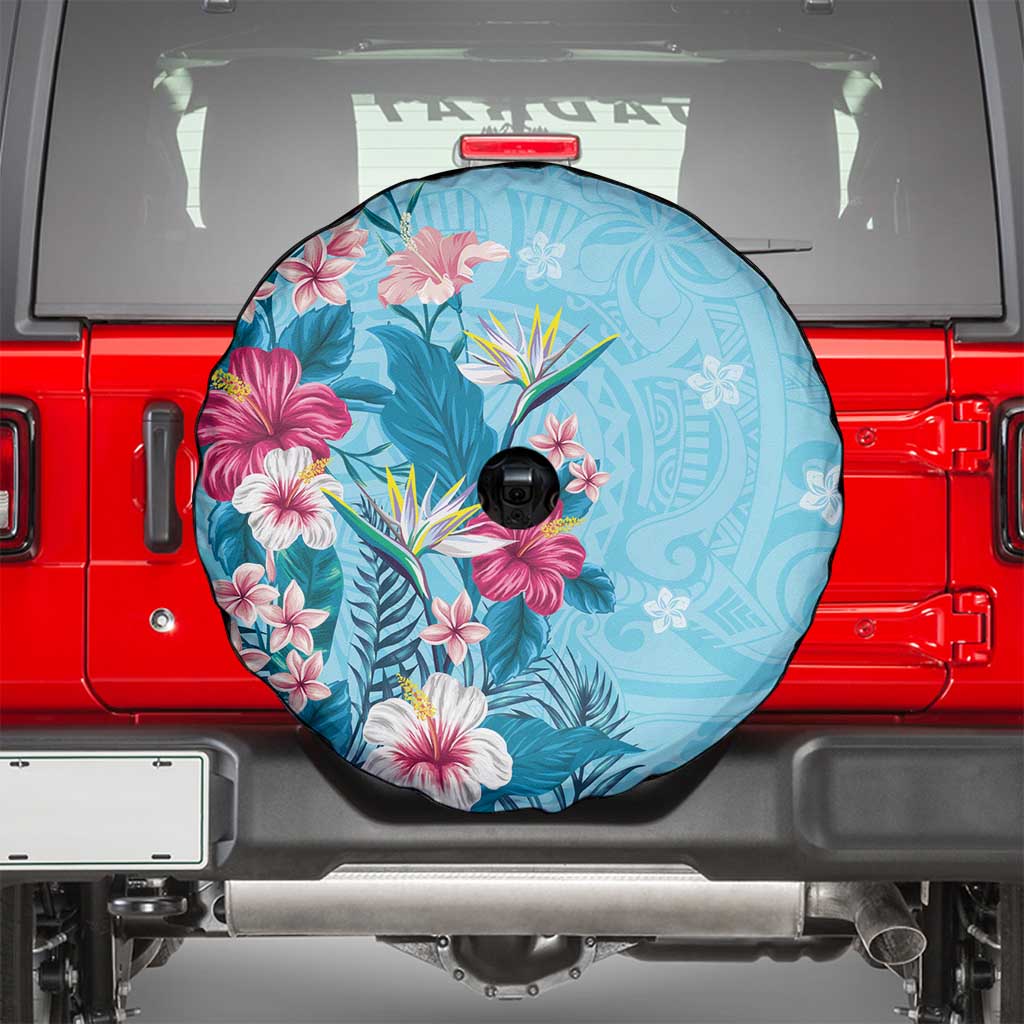 Hawaii Tropical Flowers Spare Tire Cover Polynesian Tattoo Sky Blue LT05 - Polynesian Pride