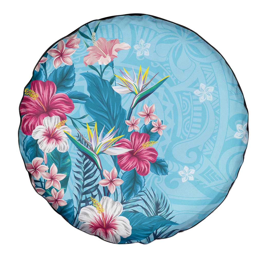 Hawaii Tropical Flowers Spare Tire Cover Polynesian Tattoo Sky Blue LT05 - Polynesian Pride