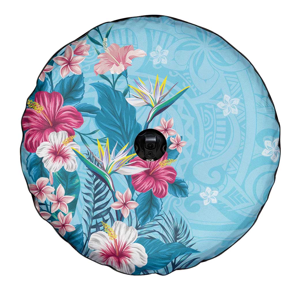 Hawaii Tropical Flowers Spare Tire Cover Polynesian Tattoo Sky Blue LT05 - Polynesian Pride