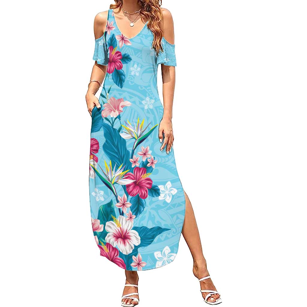 Hawaii Tropical Flowers Summer Maxi Dress Polynesian Tattoo Sky Blue LT05 Women Blue - Polynesian Pride