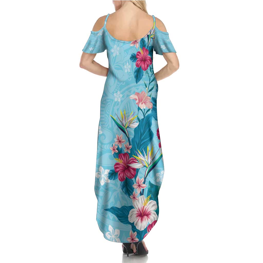 Hawaii Tropical Flowers Summer Maxi Dress Polynesian Tattoo Sky Blue LT05 - Polynesian Pride