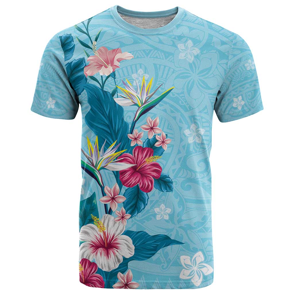 Hawaii Tropical Flowers T Shirt Polynesian Tattoo Sky Blue