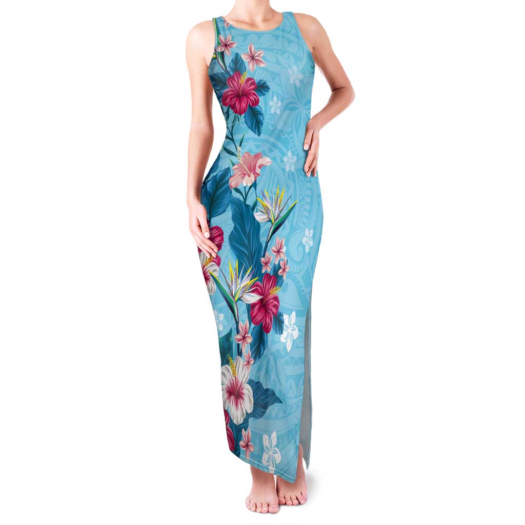 Hawaii Tropical Flowers Tank Maxi Dress Polynesian Tattoo Sky Blue