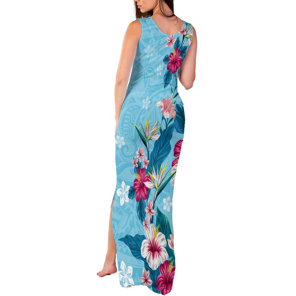 Hawaii Tropical Flowers Tank Maxi Dress Polynesian Tattoo Sky Blue LT05 - Polynesian Pride