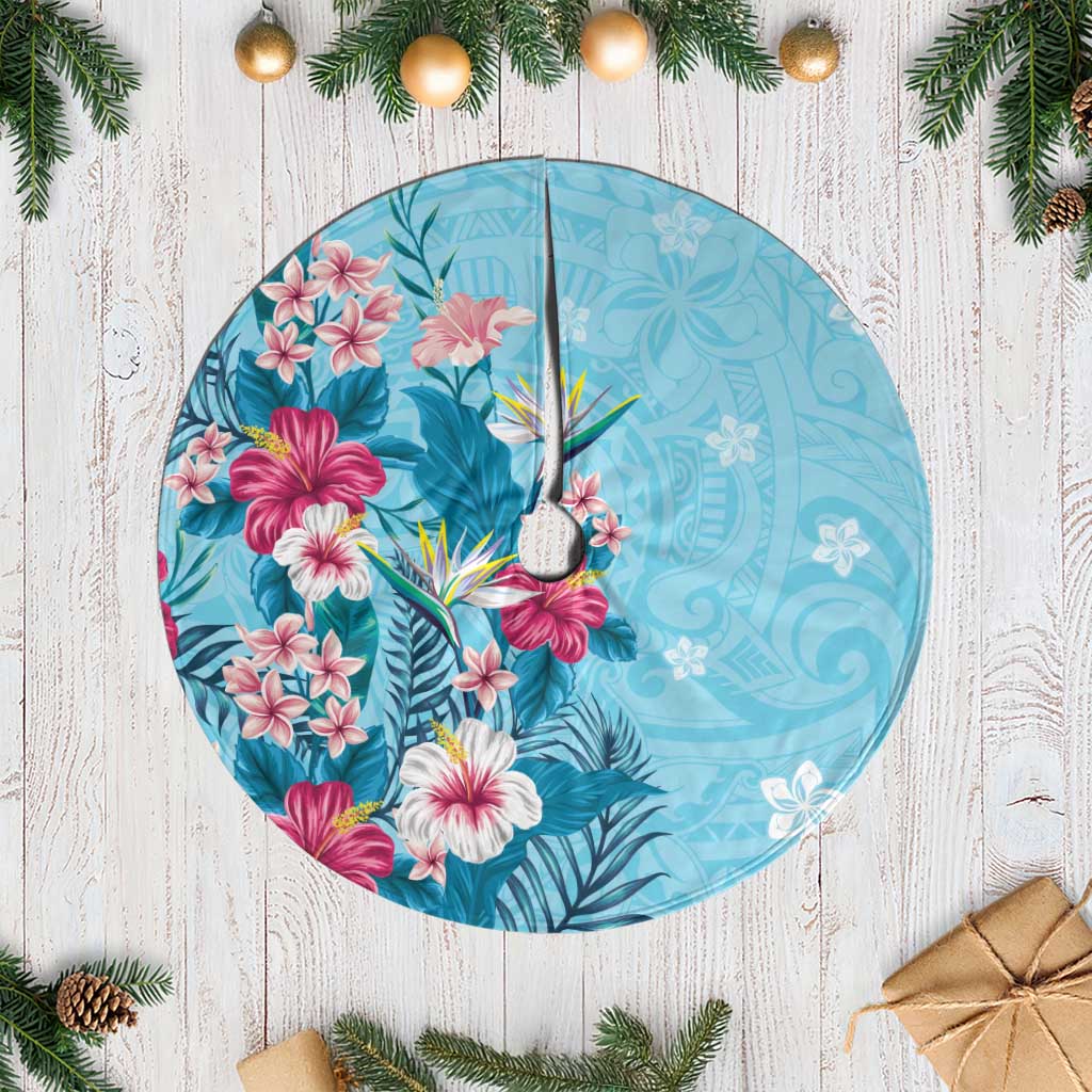 Hawaii Tropical Flowers Tree Skirt Polynesian Tattoo Sky Blue