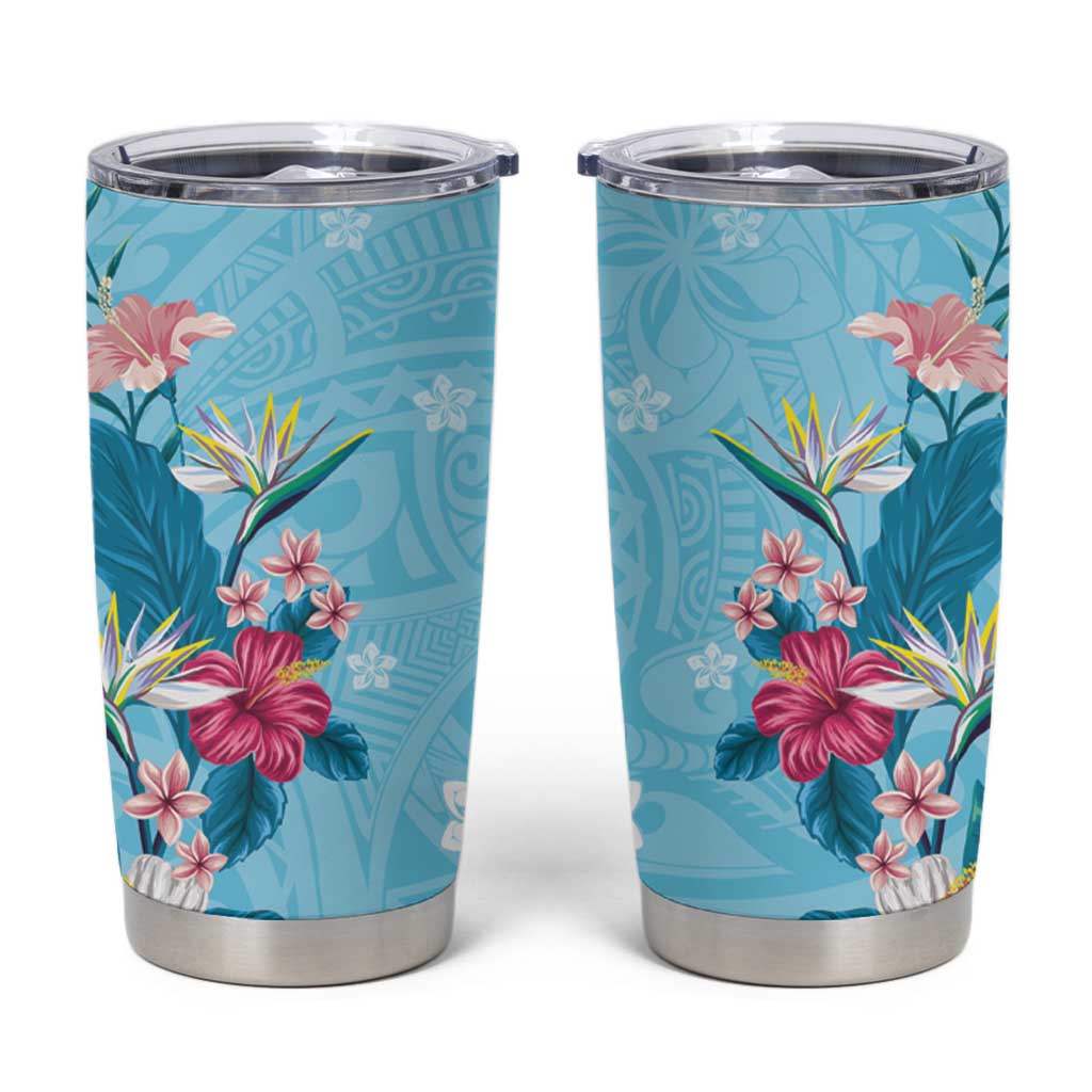 Hawaii Tropical Flowers Tumbler Cup Polynesian Tattoo Sky Blue