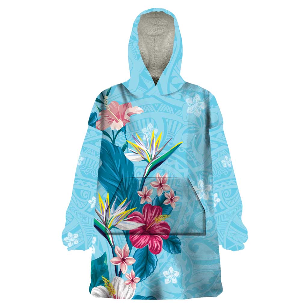 Hawaii Tropical Flowers Wearable Blanket Hoodie Polynesian Tattoo Sky Blue LT05 One Size Blue - Polynesian Pride