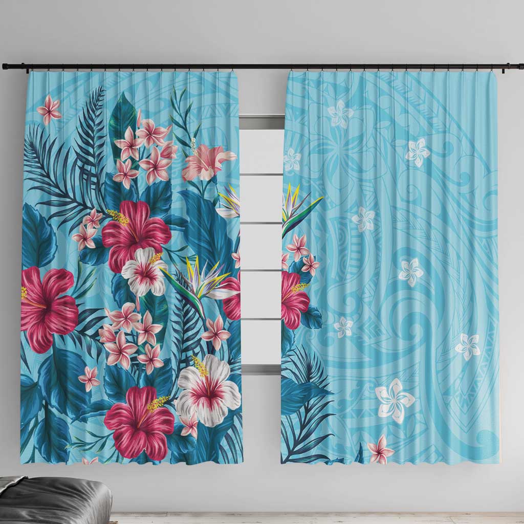 Hawaii Tropical Flowers Window Curtain Polynesian Tattoo Sky Blue LT05 With Hooks Blue - Polynesian Pride