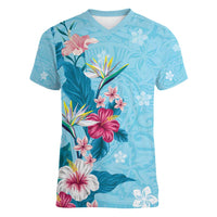 Hawaii Tropical Flowers Women V-Neck T-Shirt Polynesian Tattoo Sky Blue LT05 Female Blue - Polynesian Pride