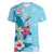 Hawaii Tropical Flowers Women V-Neck T-Shirt Polynesian Tattoo Sky Blue