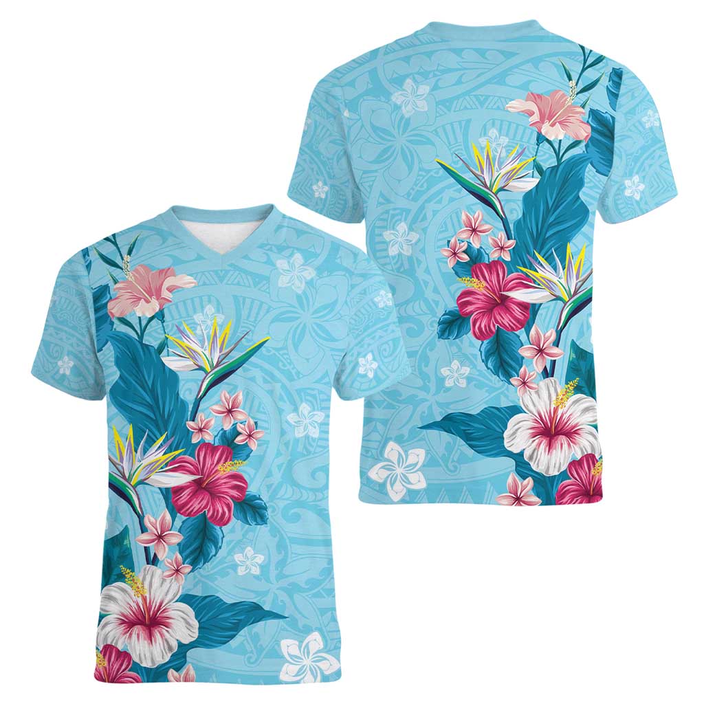 Hawaii Tropical Flowers Women V-Neck T-Shirt Polynesian Tattoo Sky Blue LT05 - Polynesian Pride