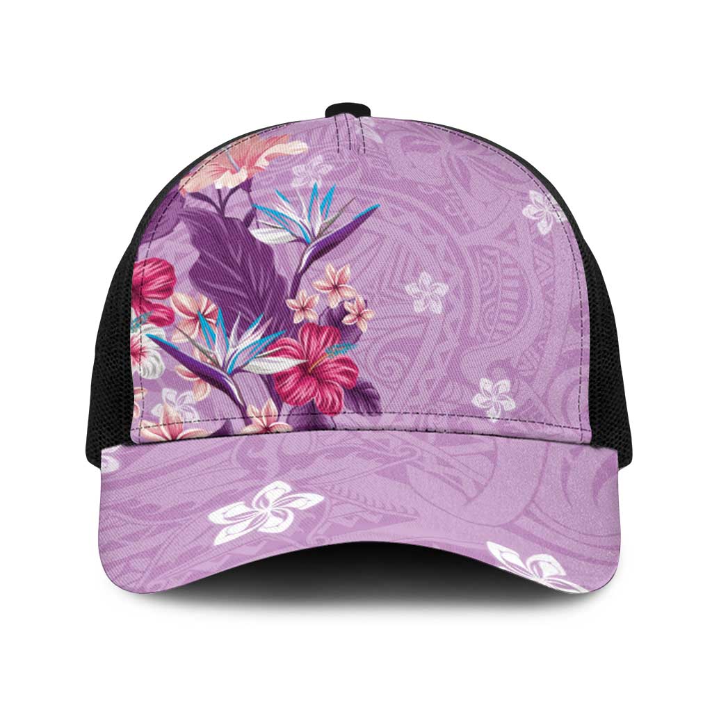 Hawaii Tropical Flowers Baseball Net Cap Polynesian Tattoo Lavender LT05 One Size Black Lavender - Polynesian Pride