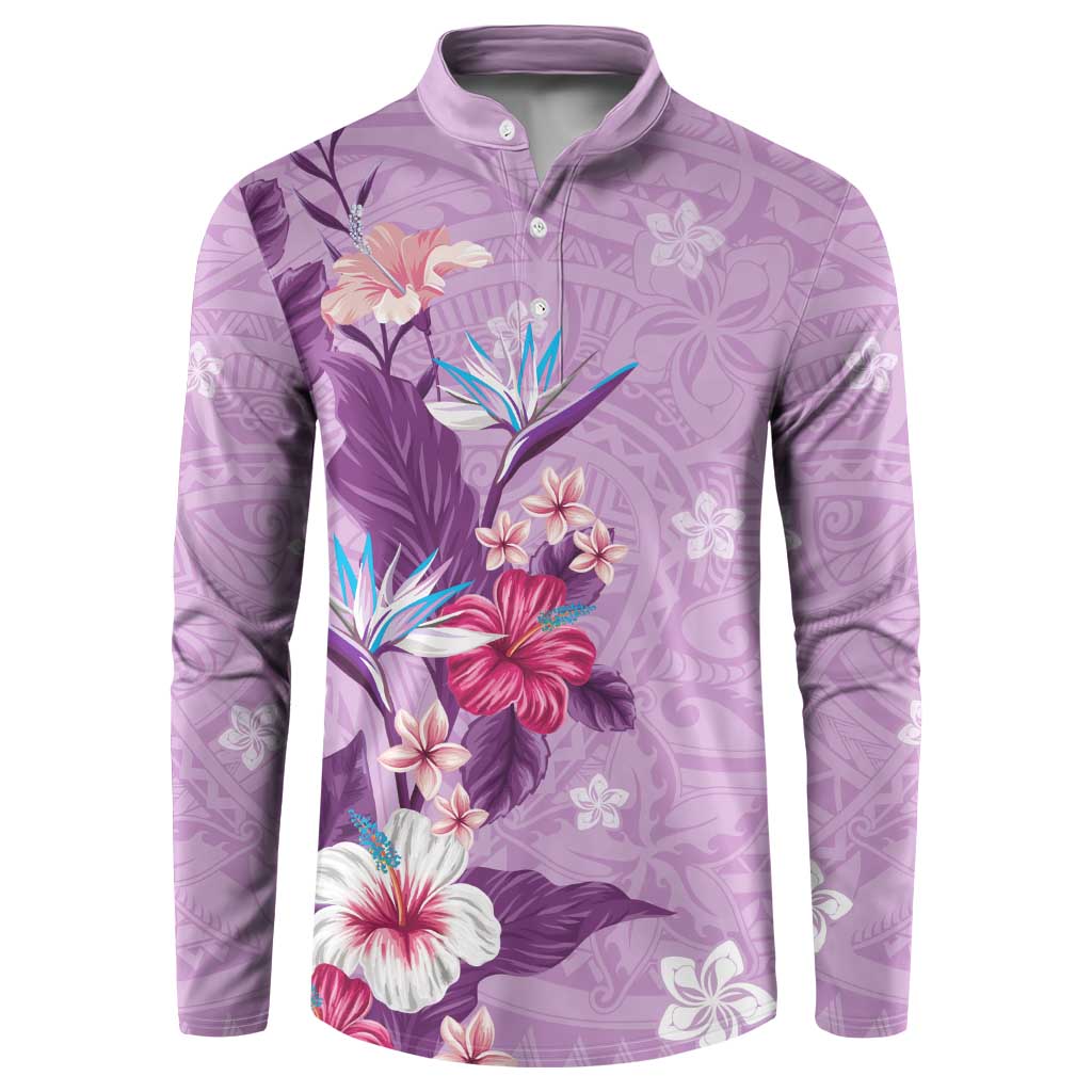 Hawaii Tropical Flowers Button Sweatshirt Polynesian Tattoo Lavender