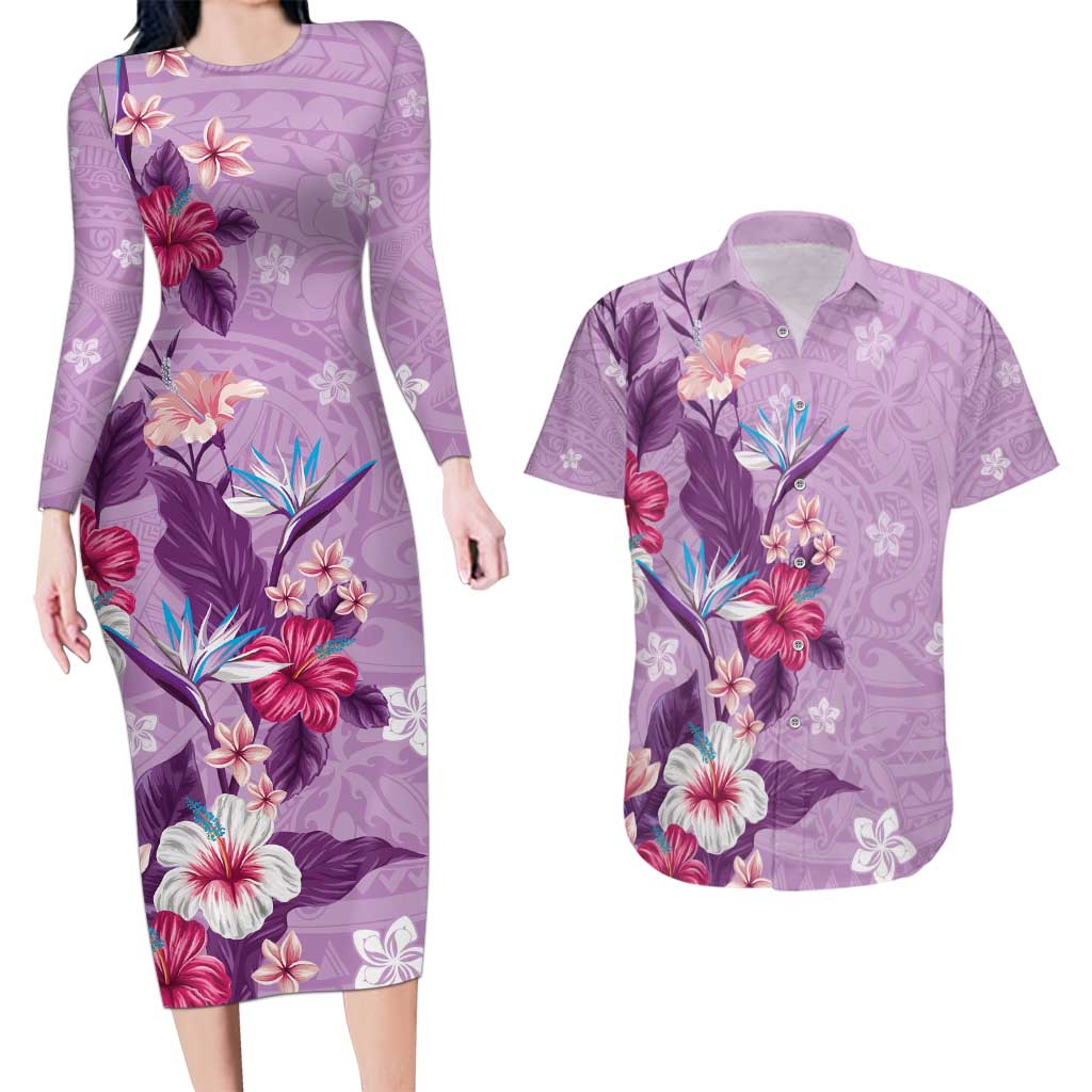 Hawaii Tropical Flowers Couples Matching Long Sleeve Bodycon Dress and Hawaiian Shirt Polynesian Tattoo Lavender LT05 Lavender - Polynesian Pride