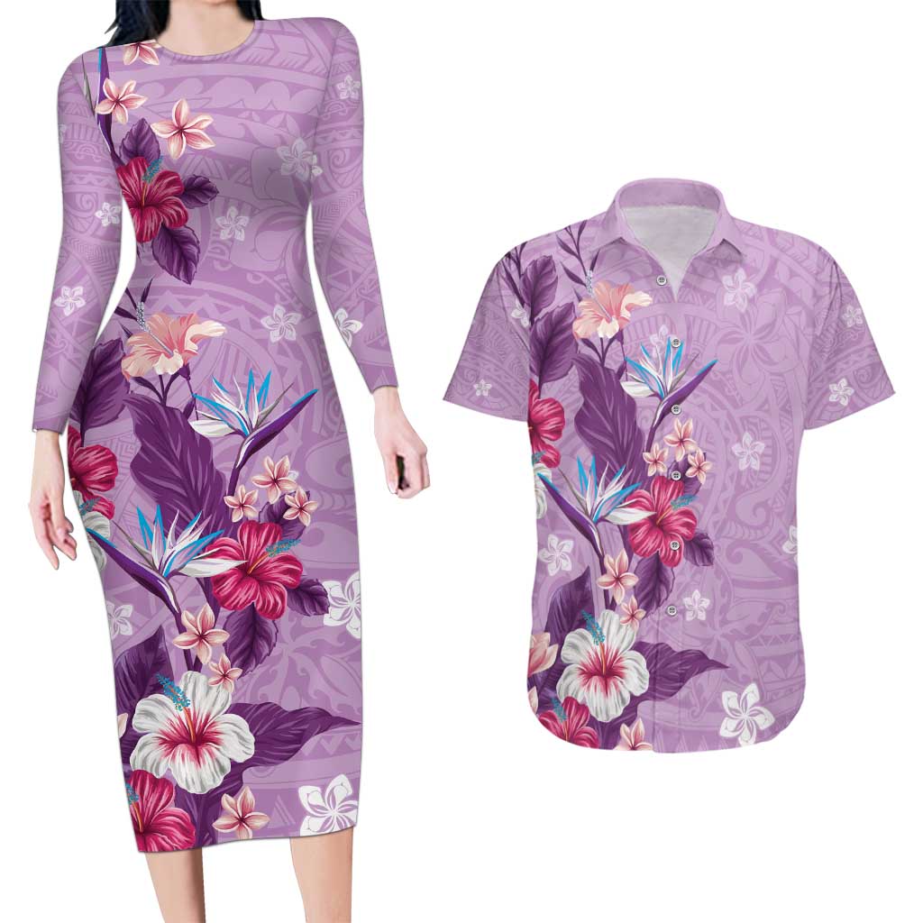 Hawaii Tropical Flowers Couples Matching Long Sleeve Bodycon Dress and Hawaiian Shirt Polynesian Tattoo Lavender