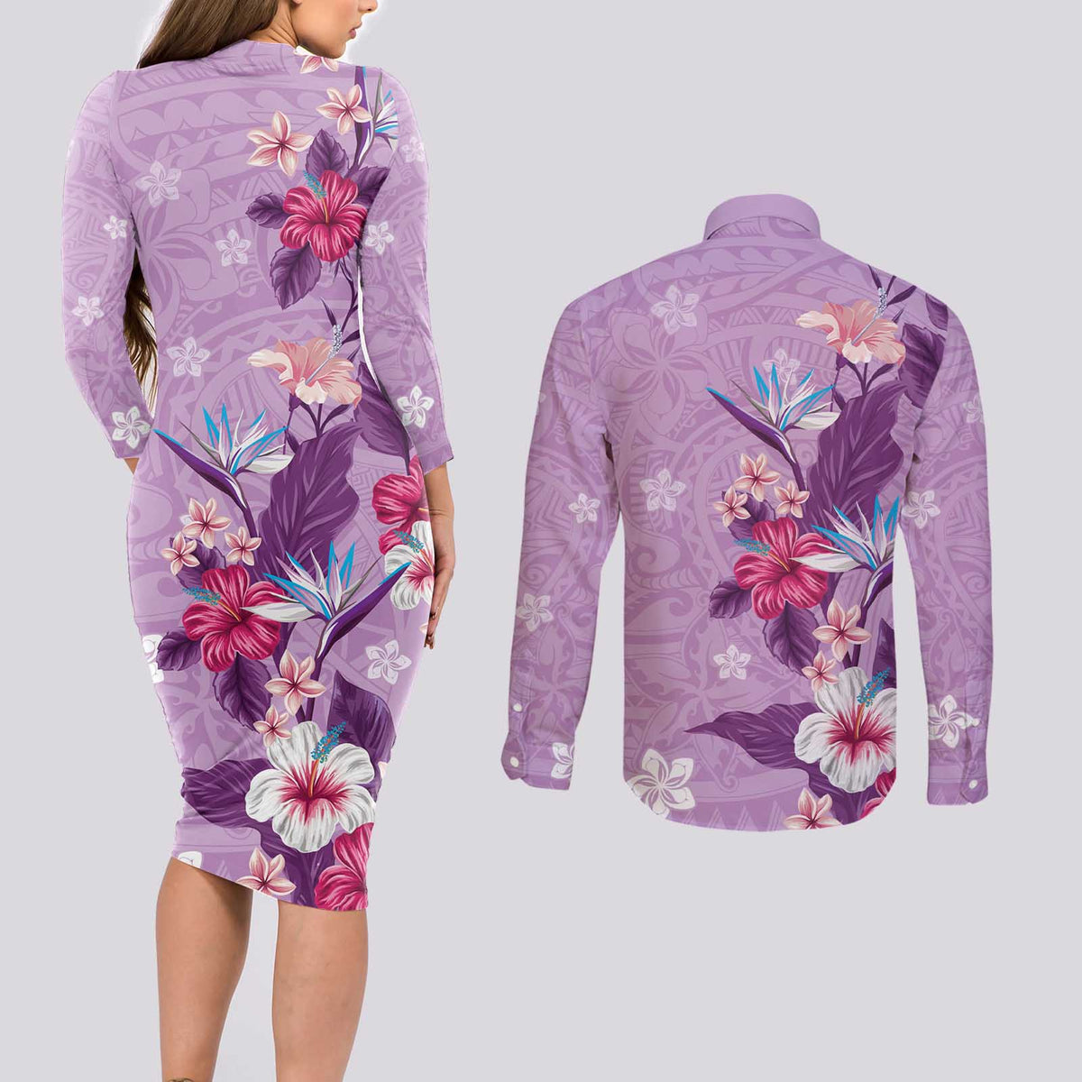 Hawaii Tropical Flowers Couples Matching Long Sleeve Bodycon Dress and Long Sleeve Button Shirt Polynesian Tattoo Lavender LT05 - Polynesian Pride