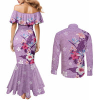 Hawaii Tropical Flowers Couples Matching Mermaid Dress and Long Sleeve Button Shirt Polynesian Tattoo Lavender LT05 - Polynesian Pride
