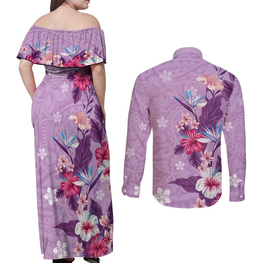 Hawaii Tropical Flowers Couples Matching Off Shoulder Maxi Dress and Long Sleeve Button Shirt Polynesian Tattoo Lavender LT05 - Polynesian Pride