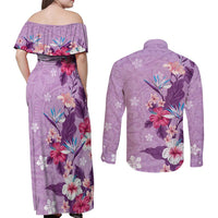 Hawaii Tropical Flowers Couples Matching Off Shoulder Maxi Dress and Long Sleeve Button Shirt Polynesian Tattoo Lavender LT05 - Polynesian Pride