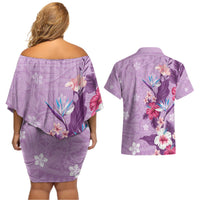 Hawaii Tropical Flowers Couples Matching Off Shoulder Short Dress and Hawaiian Shirt Polynesian Tattoo Lavender LT05 - Polynesian Pride