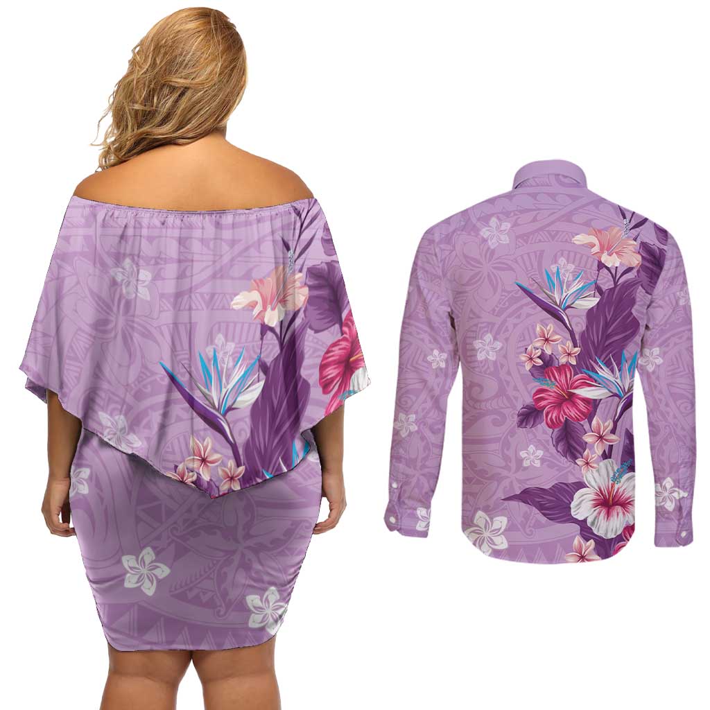 Hawaii Tropical Flowers Couples Matching Off Shoulder Short Dress and Long Sleeve Button Shirt Polynesian Tattoo Lavender LT05 - Polynesian Pride