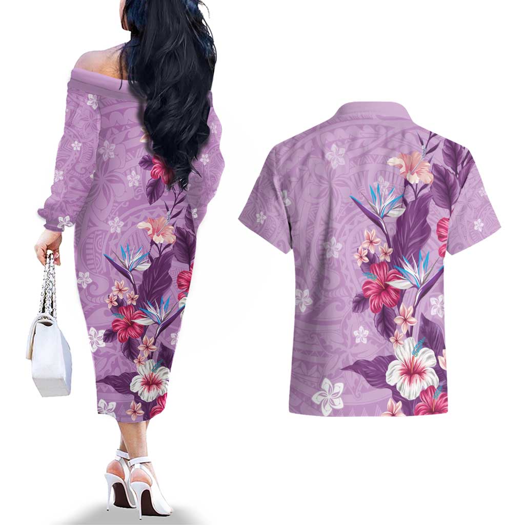 Hawaii Tropical Flowers Couples Matching Off The Shoulder Long Sleeve Dress and Hawaiian Shirt Polynesian Tattoo Lavender LT05 - Polynesian Pride