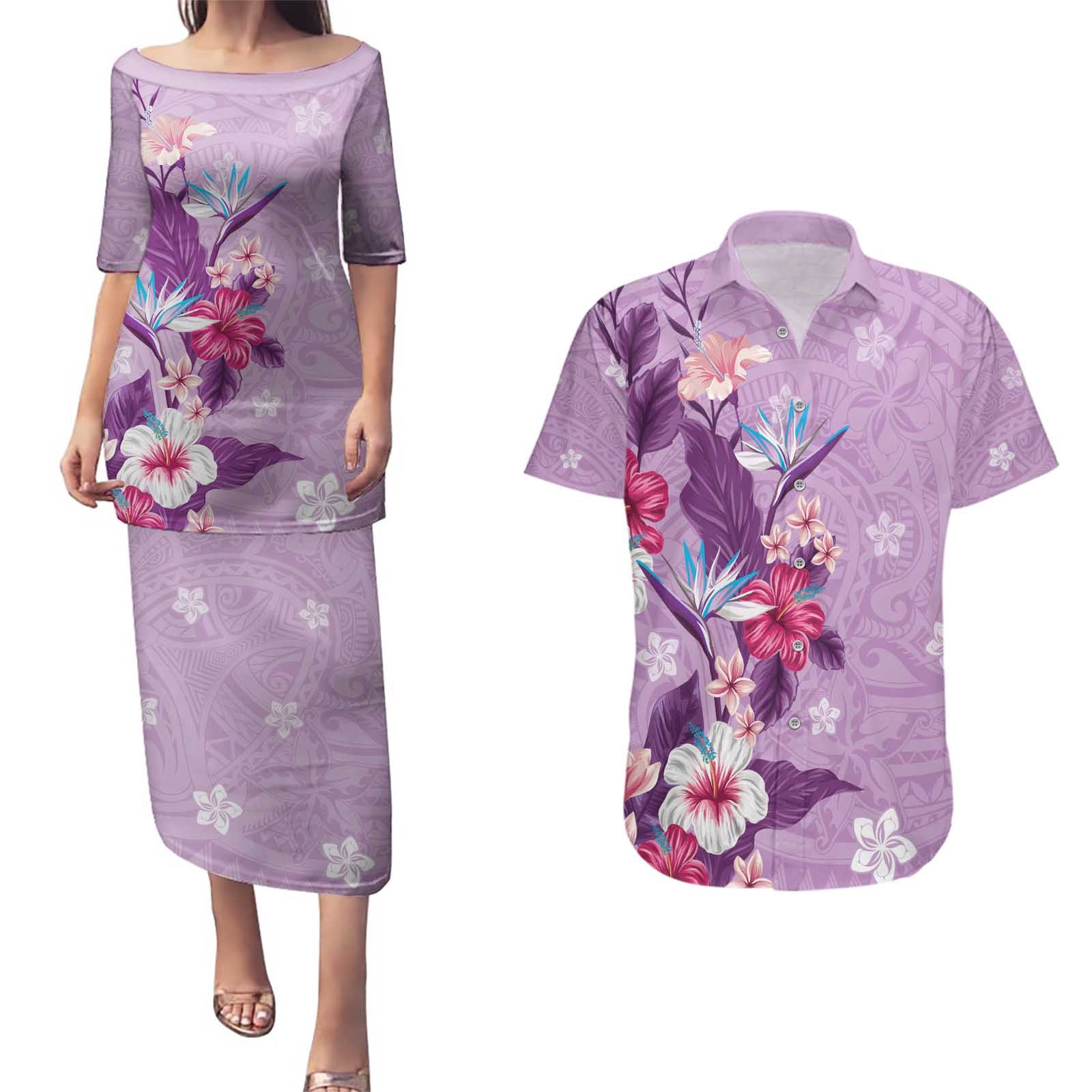 Hawaii Tropical Flowers Couples Matching Puletasi and Hawaiian Shirt Polynesian Tattoo Lavender LT05 Lavender - Polynesian Pride