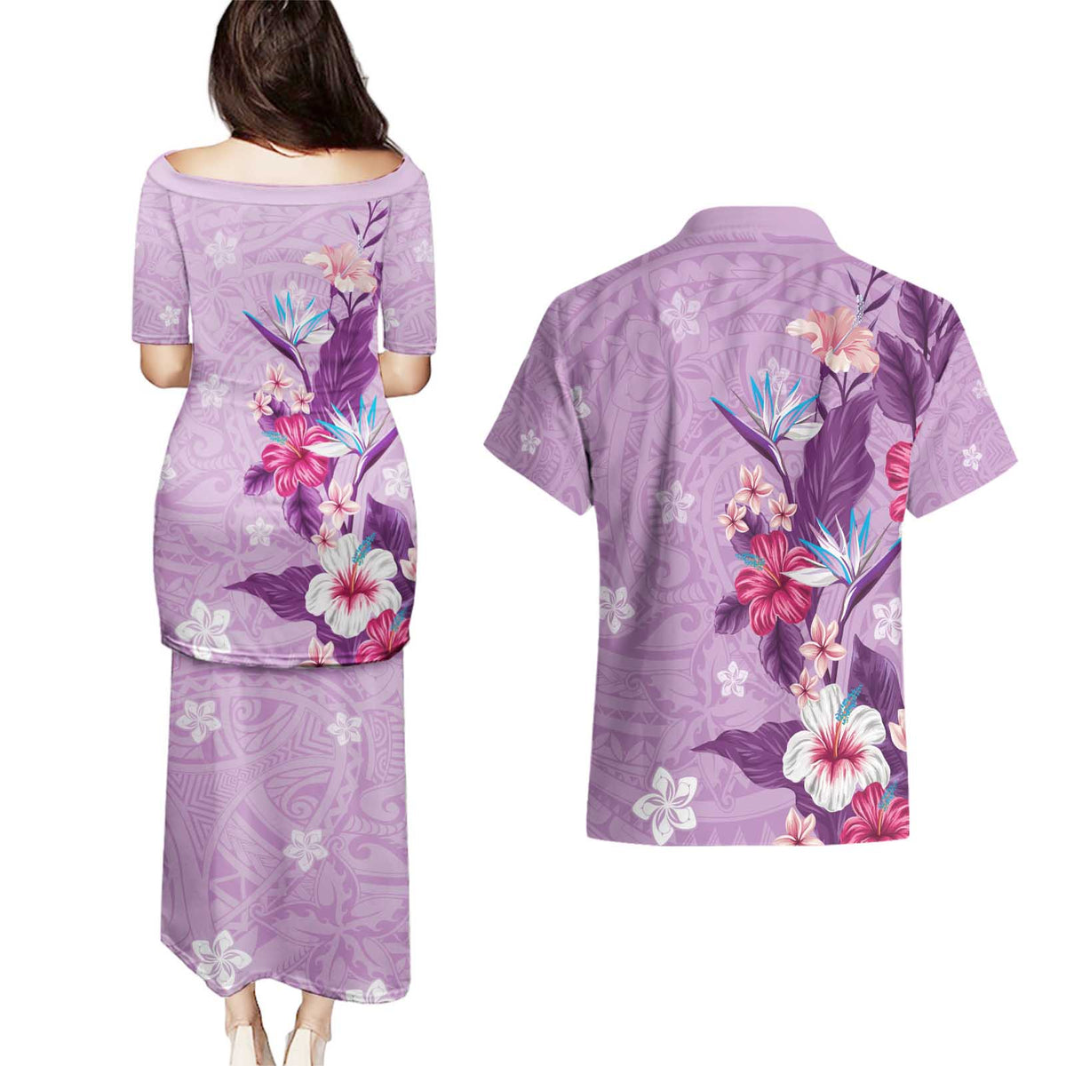 Hawaii Tropical Flowers Couples Matching Puletasi and Hawaiian Shirt Polynesian Tattoo Lavender LT05 - Polynesian Pride