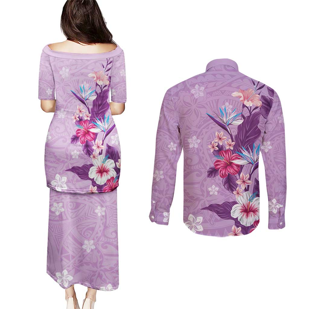 Hawaii Tropical Flowers Couples Matching Puletasi and Long Sleeve Button Shirt Polynesian Tattoo Lavender LT05 - Polynesian Pride