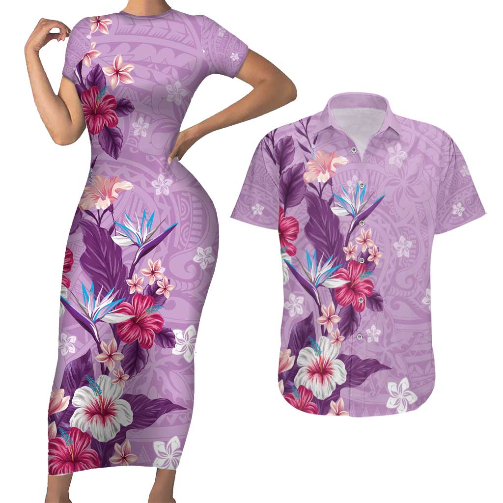 Hawaii Tropical Flowers Couples Matching Short Sleeve Bodycon Dress and Hawaiian Shirt Polynesian Tattoo Lavender