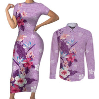Hawaii Tropical Flowers Couples Matching Short Sleeve Bodycon Dress and Long Sleeve Button Shirt Polynesian Tattoo Lavender LT05 Lavender - Polynesian Pride