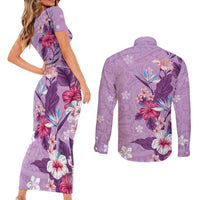 Hawaii Tropical Flowers Couples Matching Short Sleeve Bodycon Dress and Long Sleeve Button Shirt Polynesian Tattoo Lavender LT05 - Polynesian Pride