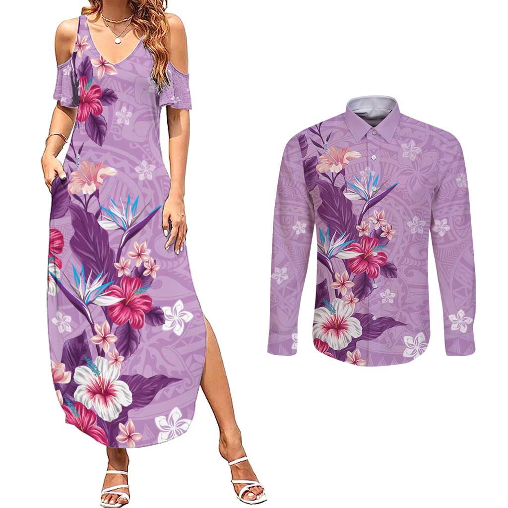 Hawaii Tropical Flowers Couples Matching Summer Maxi Dress and Long Sleeve Button Shirt Polynesian Tattoo Lavender