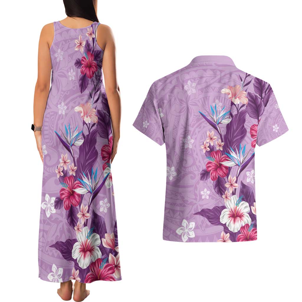 Hawaii Tropical Flowers Couples Matching Tank Maxi Dress and Hawaiian Shirt Polynesian Tattoo Lavender LT05 - Polynesian Pride