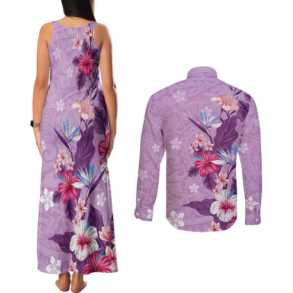 Hawaii Tropical Flowers Couples Matching Tank Maxi Dress and Long Sleeve Button Shirt Polynesian Tattoo Lavender LT05 - Polynesian Pride