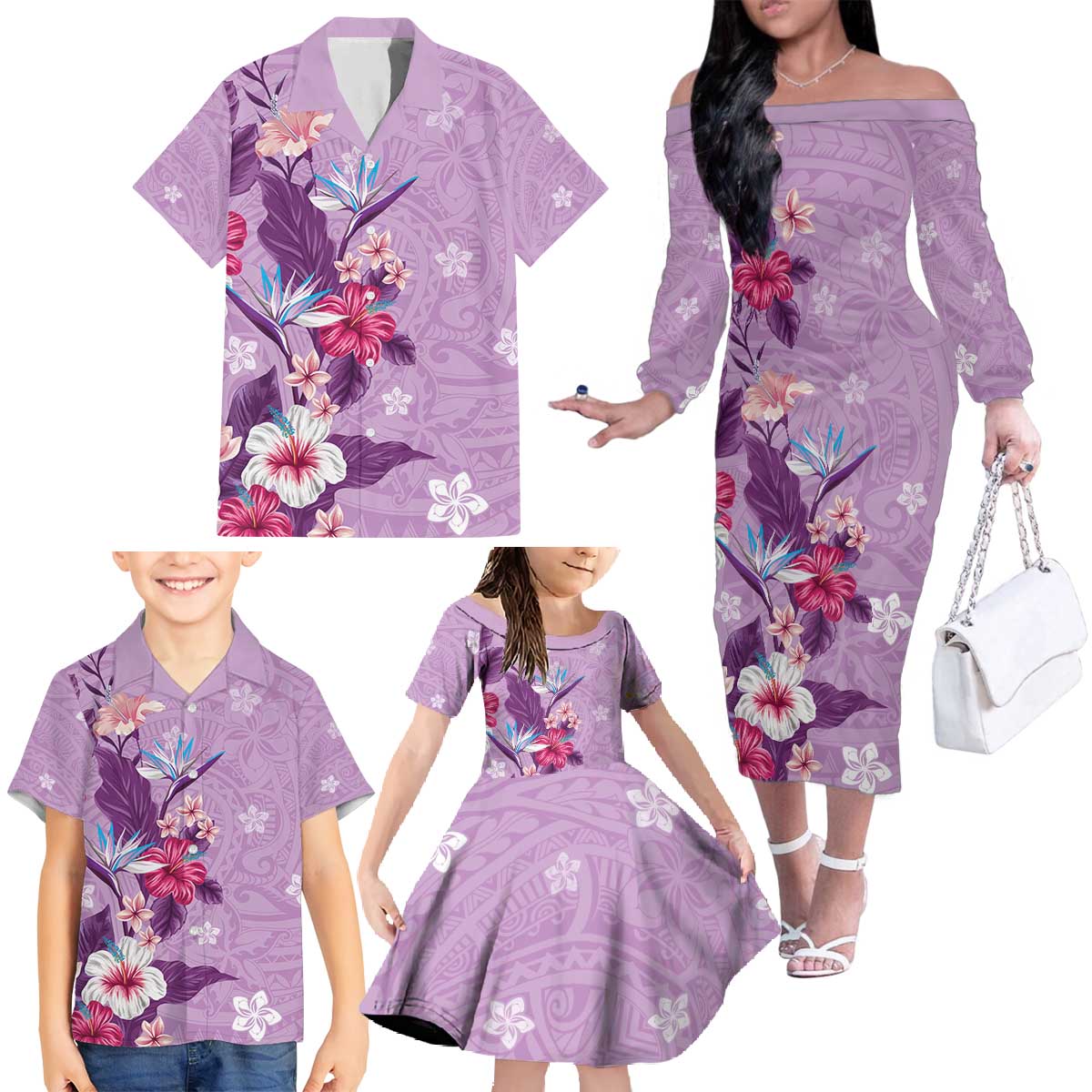 Hawaii Tropical Flowers Family Matching Off The Shoulder Long Sleeve Dress and Hawaiian Shirt Polynesian Tattoo Lavender