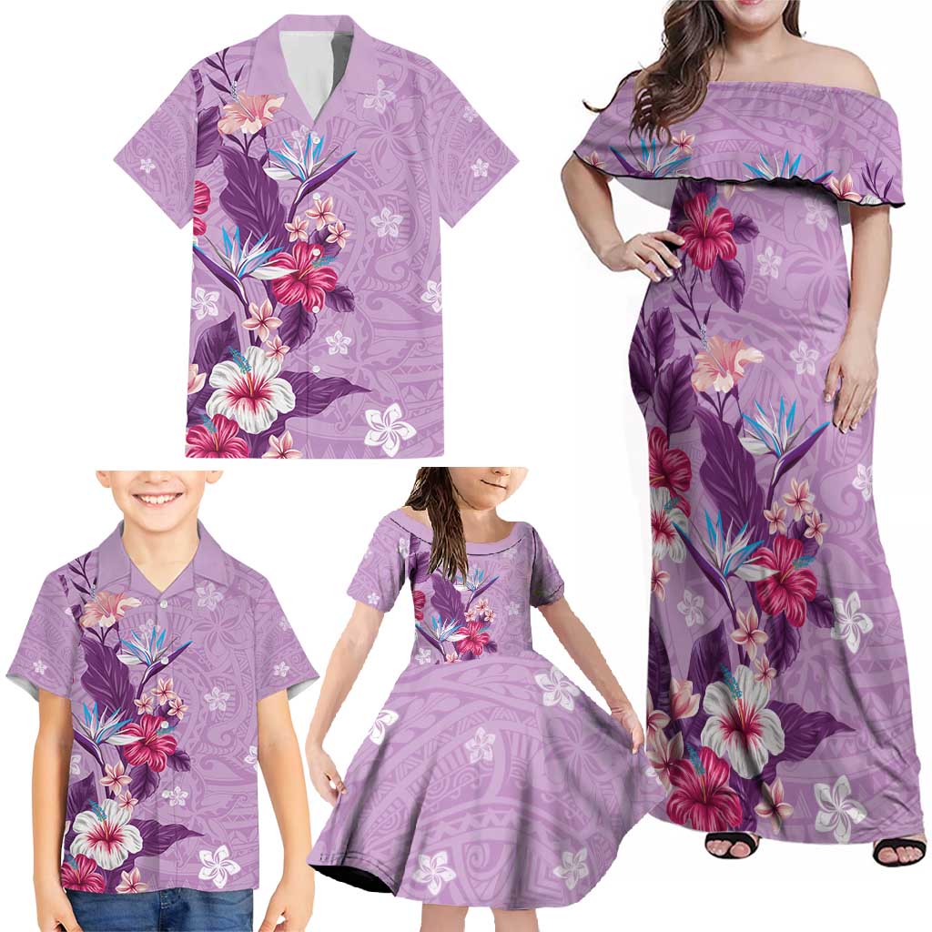 Hawaii Tropical Flowers Family Matching Off Shoulder Maxi Dress and Hawaiian Shirt Polynesian Tattoo Lavender LT05 - Polynesian Pride