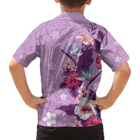 Hawaii Tropical Flowers Family Matching Off Shoulder Short Dress and Hawaiian Shirt Polynesian Tattoo Lavender