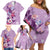 Hawaii Tropical Flowers Family Matching Off Shoulder Short Dress and Hawaiian Shirt Polynesian Tattoo Lavender