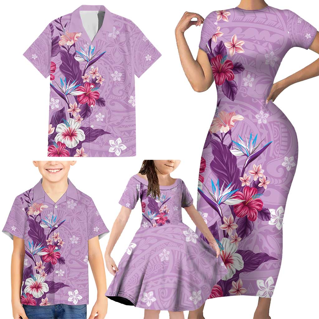 Hawaii Tropical Flowers Family Matching Short Sleeve Bodycon Dress and Hawaiian Shirt Polynesian Tattoo Lavender