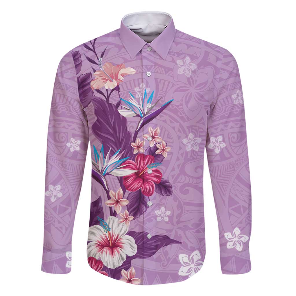 Hawaii Tropical Flowers Family Matching Short Sleeve Bodycon Dress and Hawaiian Shirt Polynesian Tattoo Lavender LT05 Dad's Shirt - Long Sleeve Lavender - Polynesian Pride