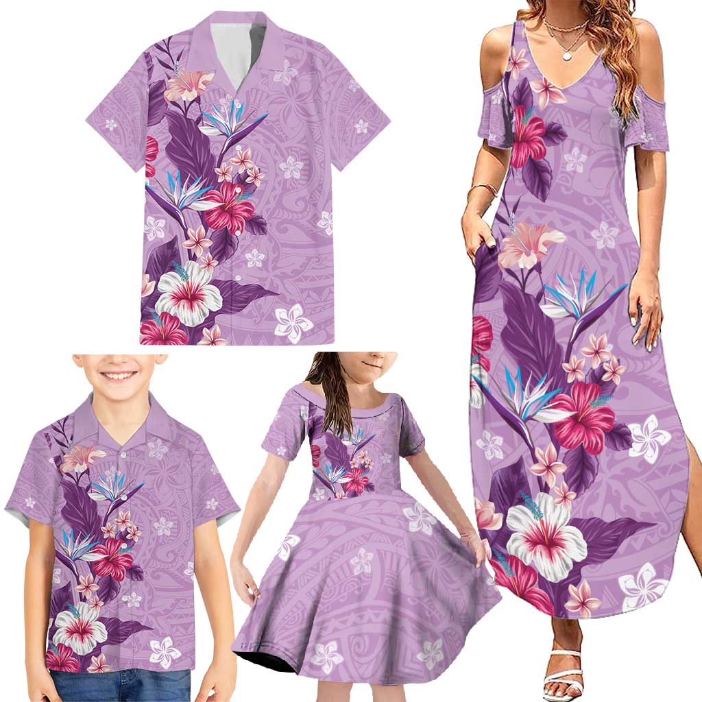 Hawaii Tropical Flowers Family Matching Summer Maxi Dress and Hawaiian Shirt Polynesian Tattoo Lavender