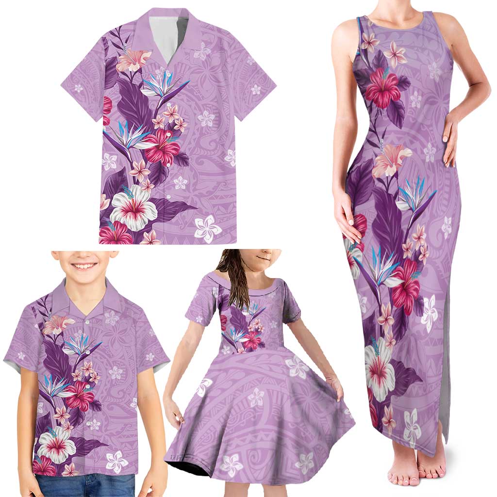 Hawaii Tropical Flowers Family Matching Tank Maxi Dress and Hawaiian Shirt Polynesian Tattoo Lavender LT05 - Polynesian Pride