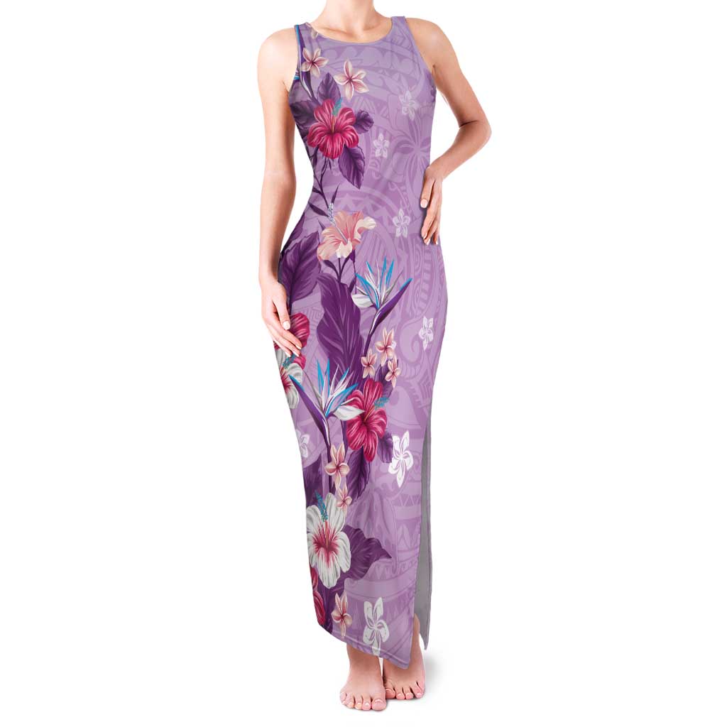 Hawaii Tropical Flowers Family Matching Tank Maxi Dress and Hawaiian Shirt Polynesian Tattoo Lavender