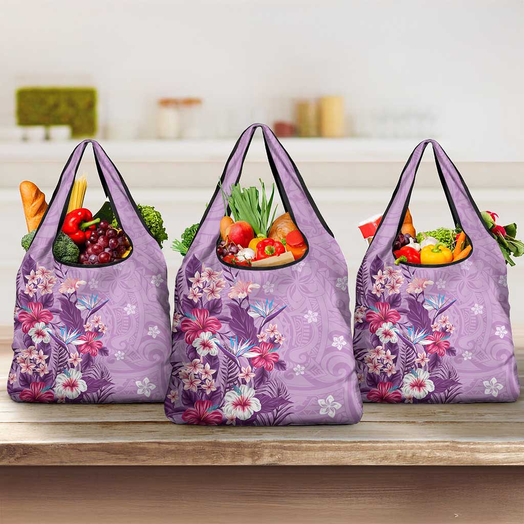 Hawaii Tropical Flowers Grocery Bag Polynesian Tattoo Lavender LT05 3-pack One Size Lavender - Polynesian Pride