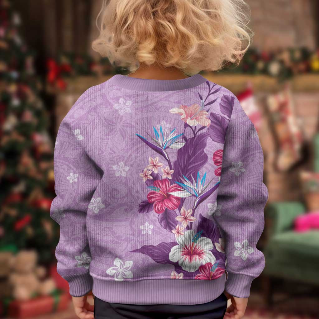 Hawaii Tropical Flowers Kid Ugly Christmas Sweater Polynesian Tattoo Lavender