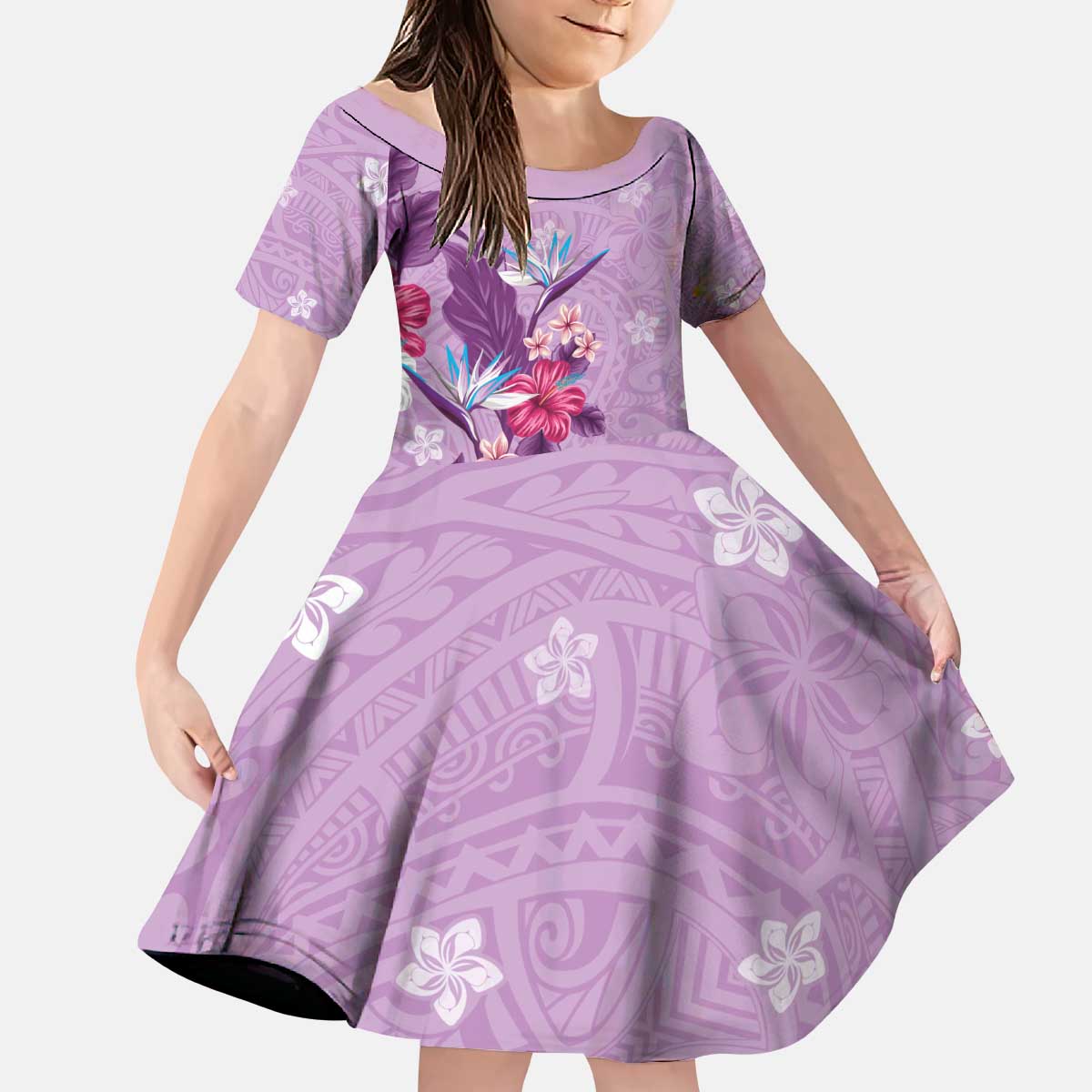 Hawaii Tropical Flowers Kid Short Sleeve Dress Polynesian Tattoo Lavender