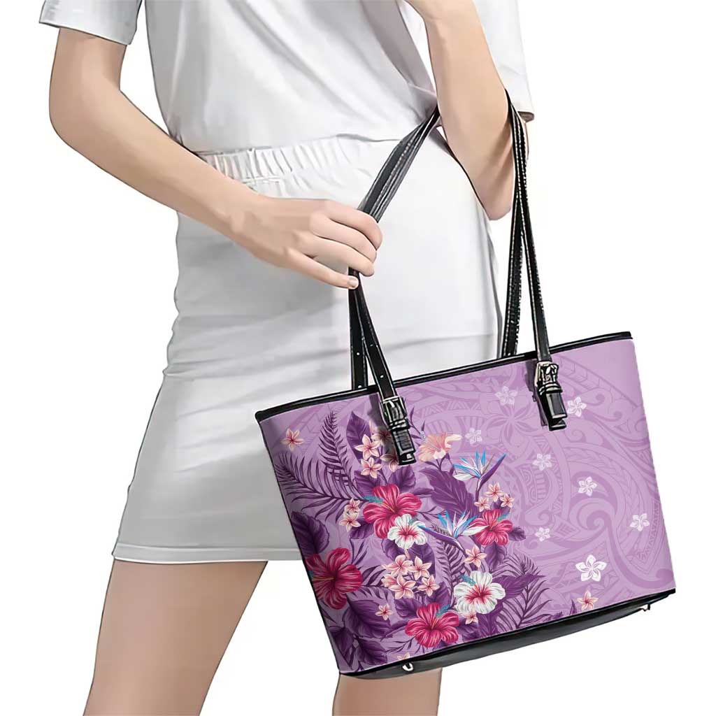 Hawaii Tropical Flowers Leather Tote Bag Polynesian Tattoo Lavender LT05 - Polynesian Pride