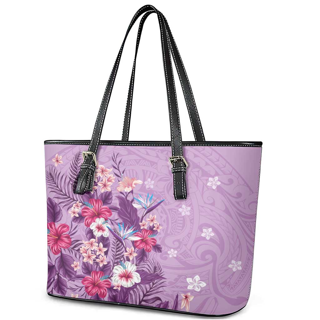 Hawaii Tropical Flowers Leather Tote Bag Polynesian Tattoo Lavender LT05 - Polynesian Pride